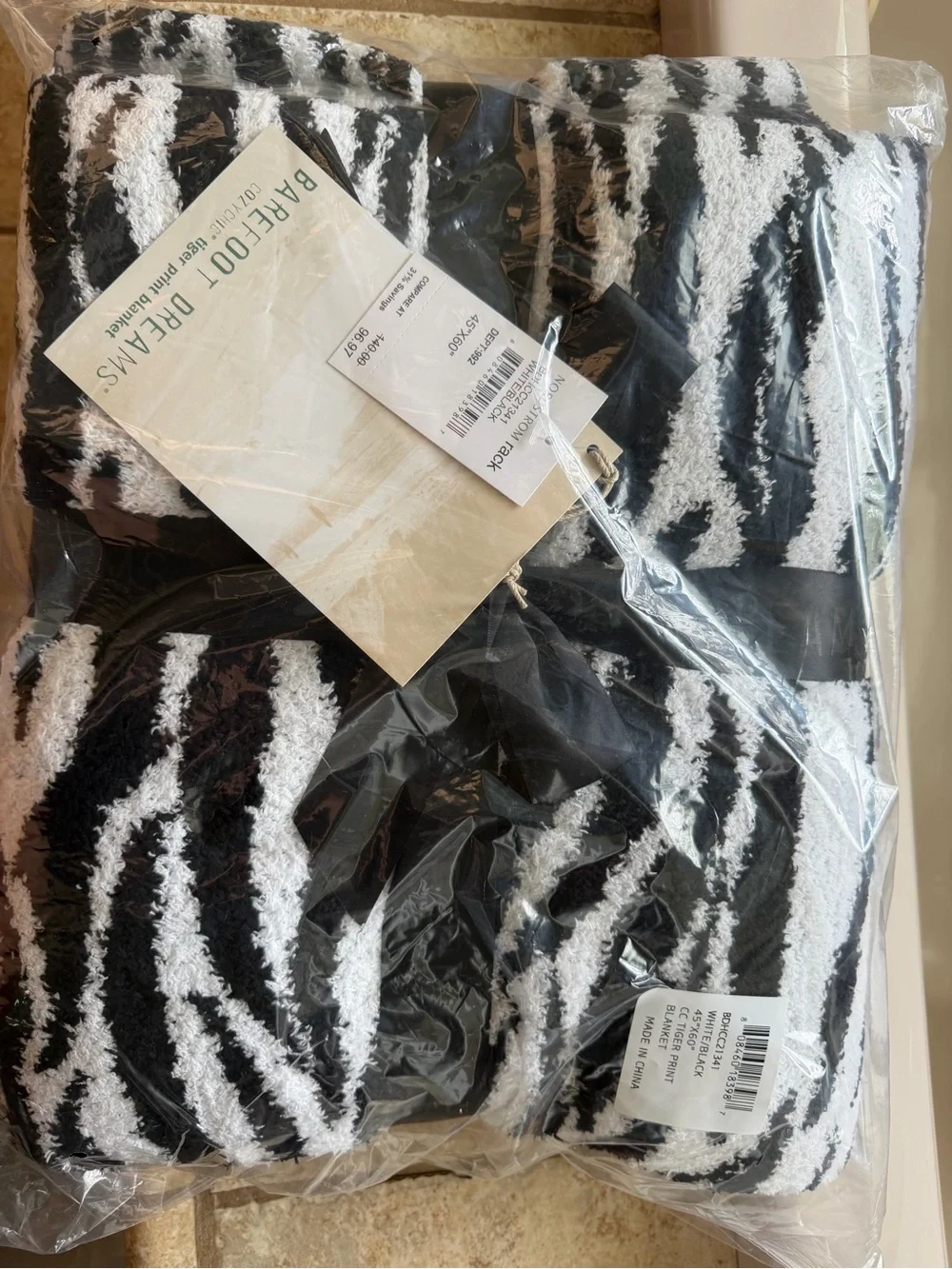 Barefoot Black & White Striped Tiger-Print Plush Blanket NWT
